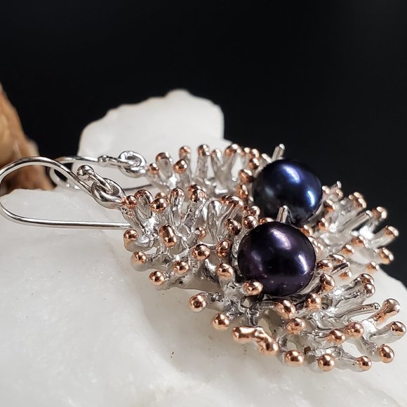 Sterling 925 Silver 14K Gold Unique Designer Earrings Genuine Black Pearls - Picture 2 of 10